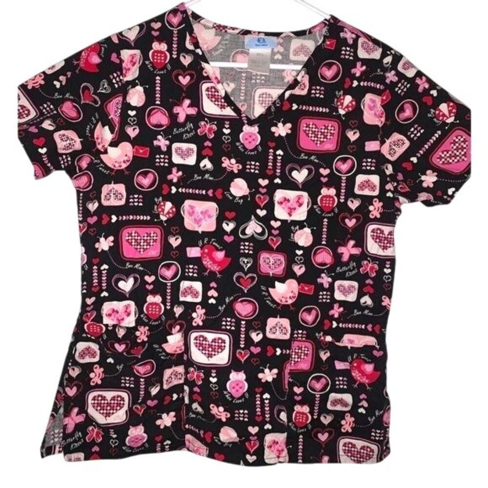 SB Scrubs Womens Heart Print V-Neck Short Sleeve Top S